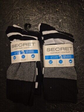 2 Secret Comfort Cotton Blend 3 Pairs Women's Black & White Stripped Crew Socks